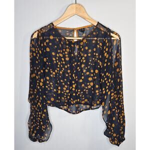 Zio Womens Blouse Small Navy Blue Orange Polka Dot Sheer Slit Sleeve Crop Top